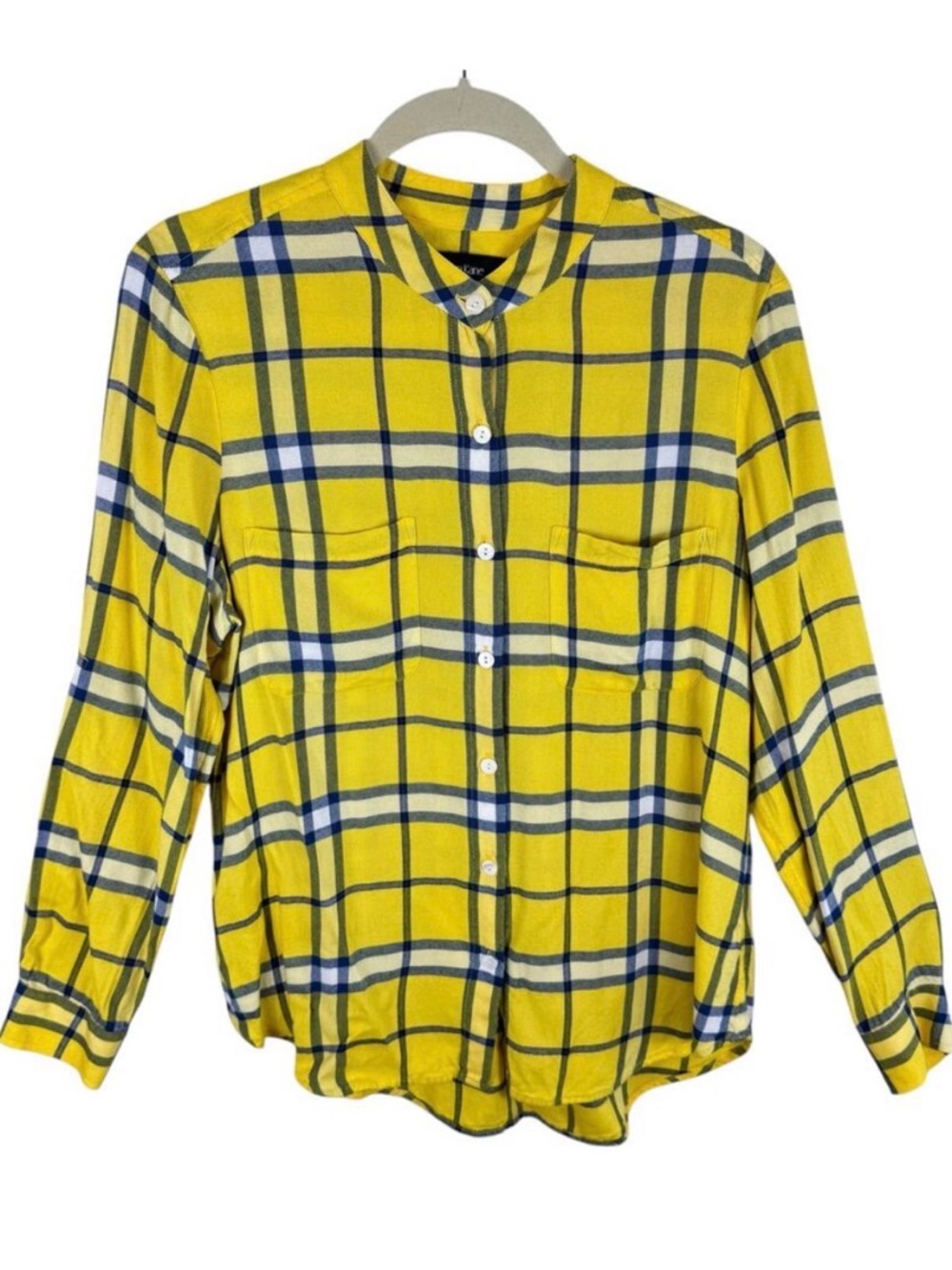 Karen Kane Rayon Yellow Blue Plaid Lightweight Button‎ Up Flannel Shirt Size M